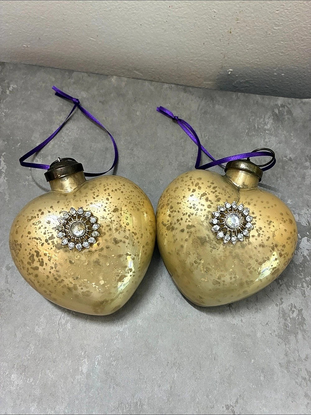 Gold Jeweled Heart Ornaments Set of 2